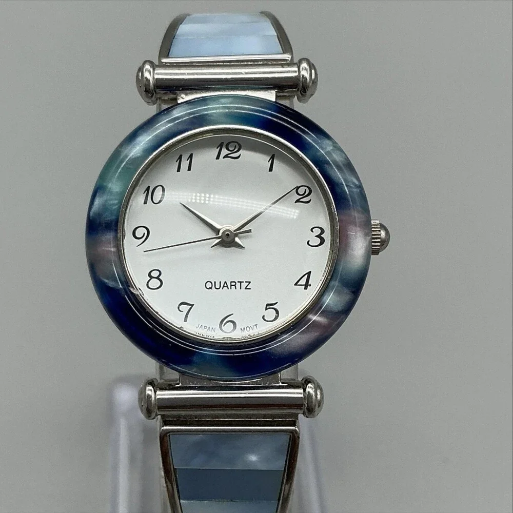Avon Womens Watch 28mm Blue Abalone Bezel Inlay Stretch F69038-1/P New Battery